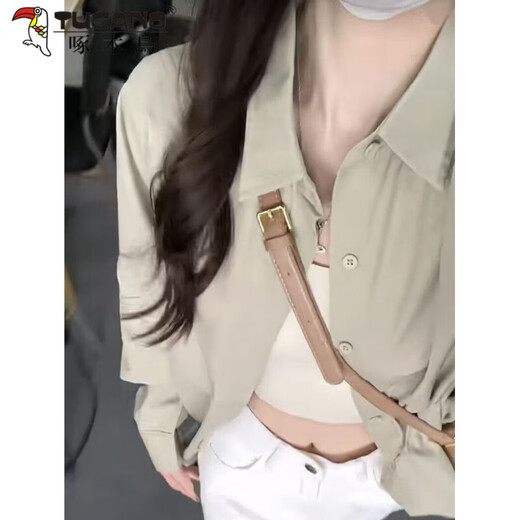 Woodpecker (TUCANO) design niche shirt jacket for women 2026 spring and summer new embroidered retro casual loose long-sleeved sun protection shirt green gray S recommended 80-95Jin Jin equals 0.5 kg