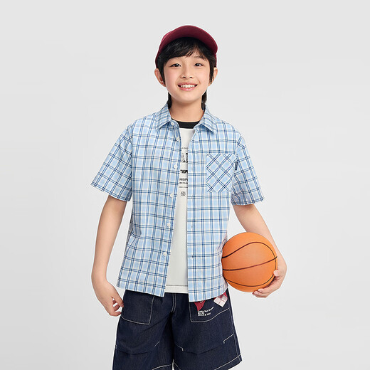BALABALA balaOne Balabala boys short-sleeved shirt children's big children's shirt 2026 new summer dress pure cotton blue tone 00488 110