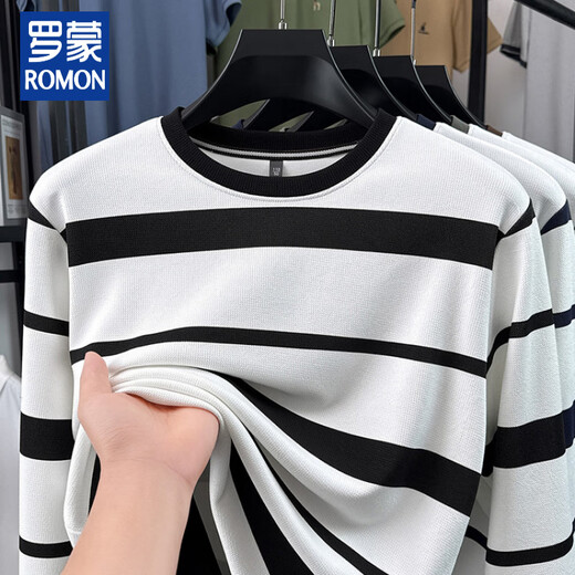 ROMON Men's Long Sleeve T-Shirt Striped Round Neck Contrast Color Top Spring and Autumn 2026 New Youth Round Neck Pullover Sweatshirt Brown M 48