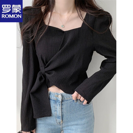 ROMON Hong Kong Style Slim Square Collar Shirt Women's Design Irregular Lace Top Long Sleeve Fashion Short Chic Shirt Black S