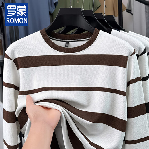 ROMON Men's Long Sleeve T-Shirt Striped Round Neck Contrast Color Top Spring and Autumn 2026 New Youth Round Neck Pullover Sweatshirt Brown M 48