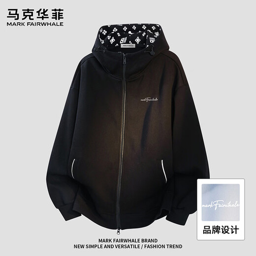 Mark Huafei Autumn Contrast Color Zipper Cardigan Sweater Men's and Women's Trendy Loose Casual Versatile Hooded Jacket Black 3XL