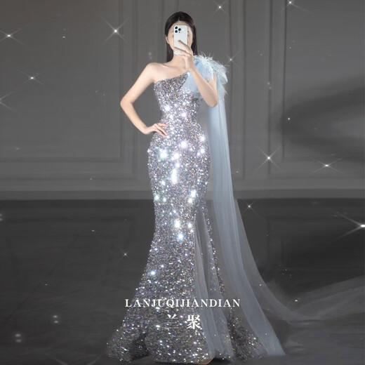 Mofu banquet evening dress 2026 elegant lady French dress fishtail light luxury sequined dress picture color long XS