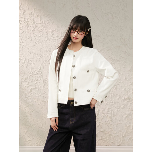MONZO international high-end brand spring new top-stitched white denim jacket round neck casual jacket top short coat white S