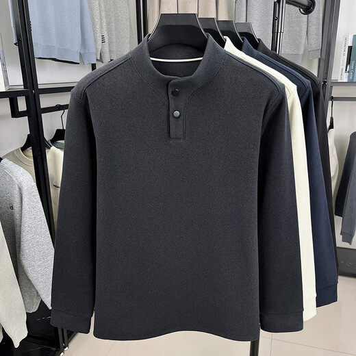 Lilan fashion German velvet bottoming shirt men's Chinese stand-up collar button sweatshirt autumn and winter new long-sleeved warm T-shirt off-white S 165