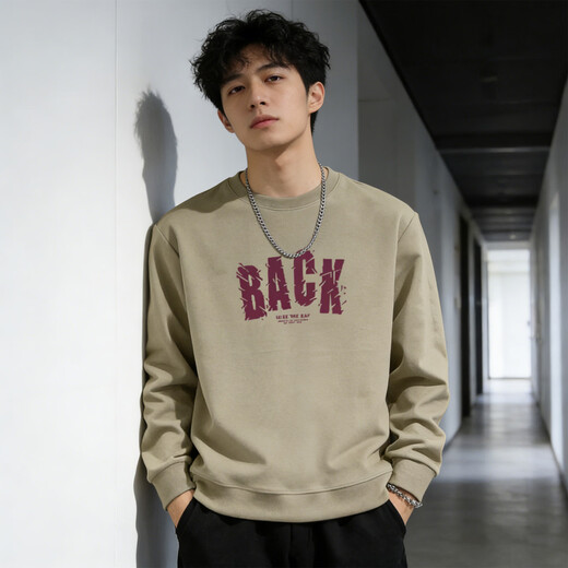 JEEP SPIRIT American heavy velvet thickened sweatshirt for men 2026 spring loose casual round neck printed long-sleeved top light green XL 150-180Jin Jin equals 0.5 kg