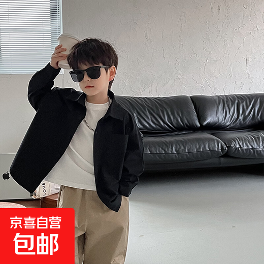 Boys white shirt long sleeve black 2025 new spring children's shirt jacket handsome top spring and autumn trendy black 140
