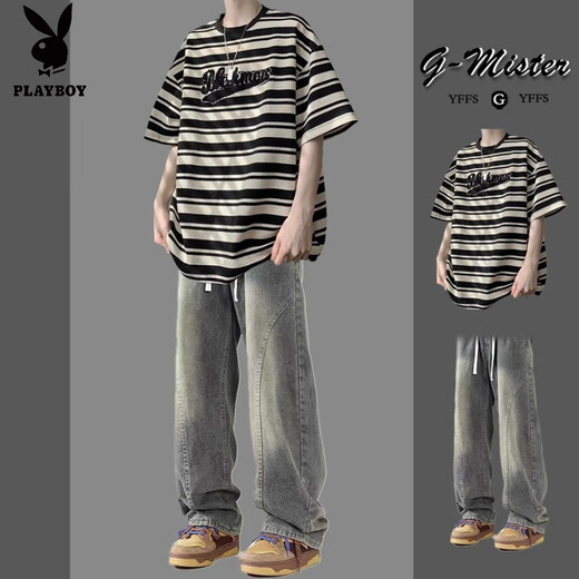 Playboy (PLAYBOY) striped short-sleeved t-shirt summer men's suit handsome with design high street jeans student thin set two-piece set A57 blue + yellow mud jeans M recommended 85-105Jin Jin equals 0.5 kg