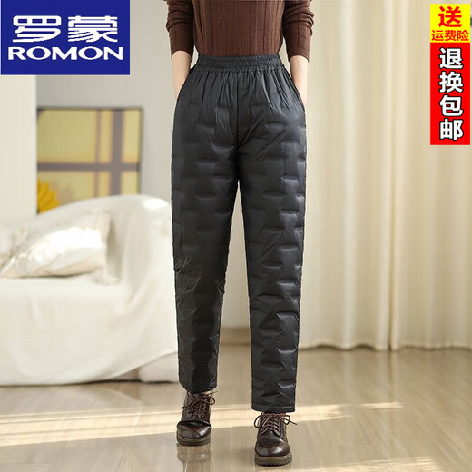ROMON middle-aged and elderly down pants women's outer wear winter 2025 new high-waisted loose thickening mother's style straight cotton pants black high quality M