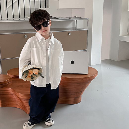 Boys white shirt long sleeve black 2025 new spring children's shirt jacket handsome top spring and autumn trendy black 140