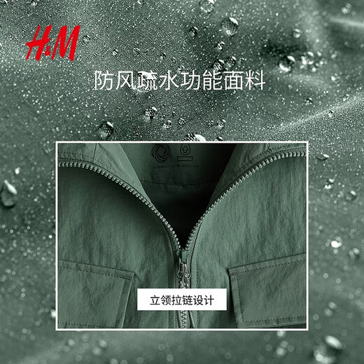 H&M Men's Jacket Spring New Stand Collar Slightly Loose Jacket Outdoor Windproof and Hydrophobic Overshirt 1326422 Black XS 165/84