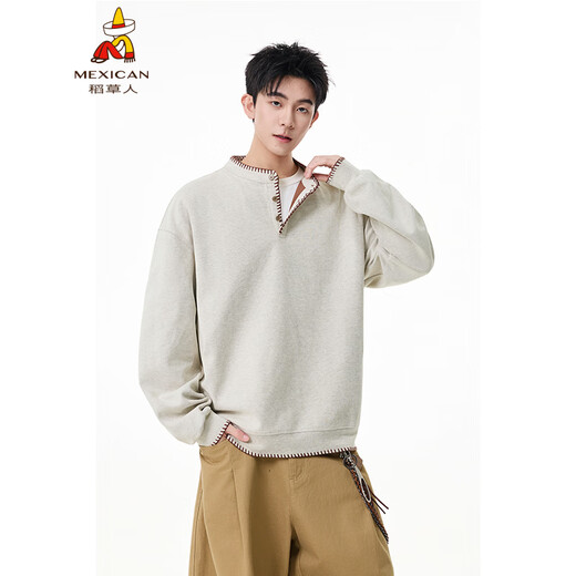 Scarecrow hand-stitched Henry collar sweatshirt for men 2026 spring new trendy brand couple loose pullover top, apricot color HW3801 M