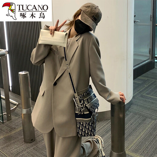 Woodpecker Milk Tea Gray Small Suit Jacket Women 2026 Spring and Autumn New Small Two-piece Casual Loose Suit Suit Milk Tea Gray Suit XS 80-Jin Jin is equal to 0.5 kg