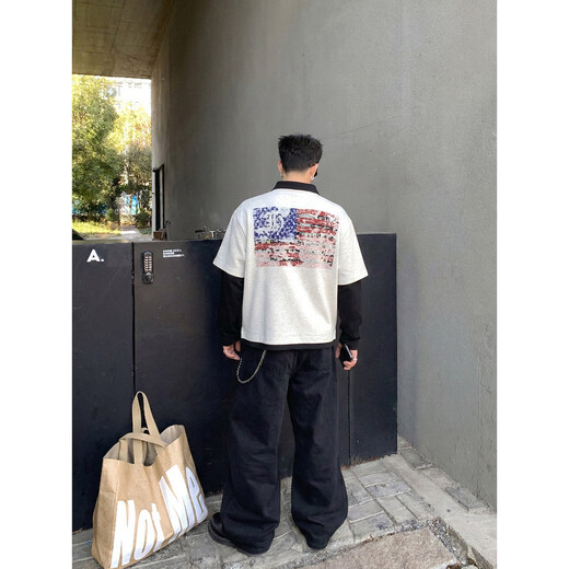 PLTH* American retro fake two-piece double-collar Polo shirt for men, loose digital direct-injection printing design, long sleeves, gray M