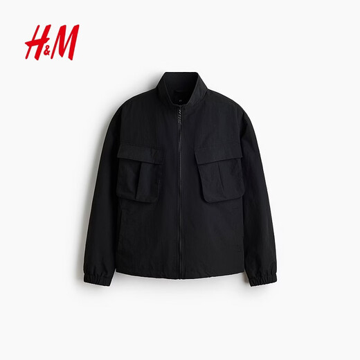 H&M Men's Jacket Spring New Stand Collar Slightly Loose Jacket Outdoor Windproof and Hydrophobic Overshirt 1326422 Black XS 165/84
