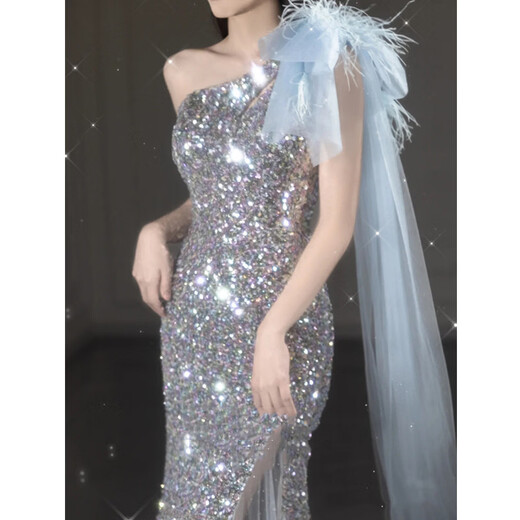 Mofu banquet evening dress 2026 elegant lady French dress fishtail light luxury sequined dress picture color long XS