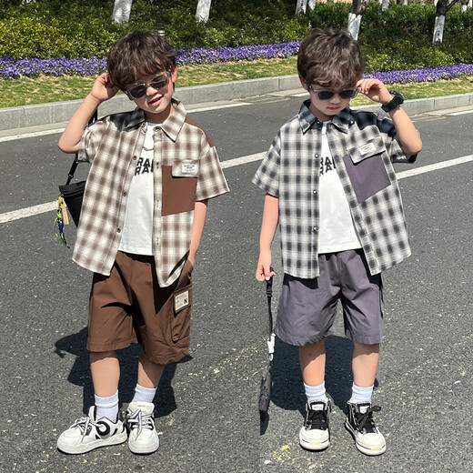 Ultraman Children's Handsome Plaid Shirt Set Boys Summer Thin 2025 New Little Boys Summer Short-Sleeved Three-piece Set Gray Plaid Shirt and Pants Two-piece Set 90 cm