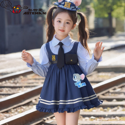 Ultraman Girls Zootopia Rabbit Police Officer Lolita Princess Dress 2026 Spring and Autumn New Girl Judy Dress Blue (Free Tie) 90 cm