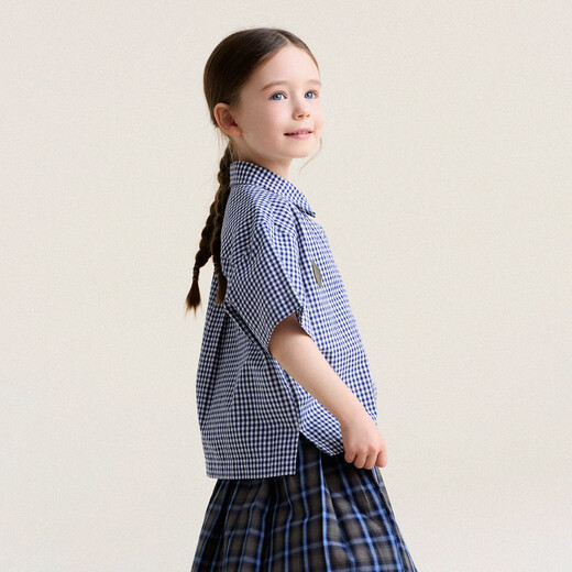 Yoona's Mom Girls 2026 Spring New Korean Plaid Short-Sleeved Children's Fashion Shirt Baby Shirt Top Trendy Blue and White Checkered Ready Stock 150