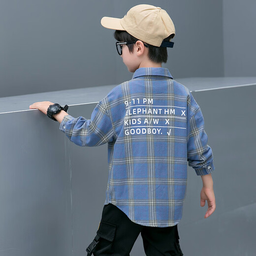 Children's clothing boys' long-sleeved shirt spring and autumn new pure cotton checkered shirt medium and large children's striped plaid shirt handsome and trendy blue 130 (recommended height is about 125)