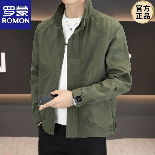 ROMON 2026 Stand Collar Simple Casual Jacket Men's Spring and Autumn New Men's Jacket Top Men's Green M 100-125Jin Jin is equal to 0.5 kg