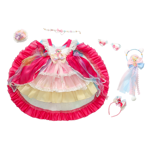 G.duck Lolita Princess Dress Girls Spring Autumn Summer Children's Dress Fashionable Cute Girl Birthday Gift Puff Skirt Pony Headdress + Necklace (Not shipped if purchased alone) 100