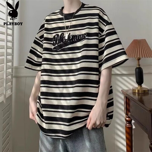 Playboy (PLAYBOY) striped short-sleeved t-shirt summer men's suit handsome with design high street jeans student thin set two-piece set A57 blue + yellow mud jeans M recommended 85-105Jin Jin equals 0.5 kg