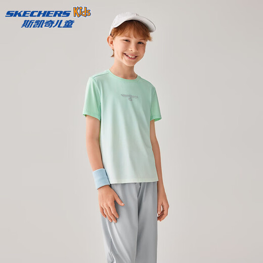 Skechers 2026 spring boys' comfortable sports and leisure knitted short-sleeved T-shirt P225B008 light plaid aqua white background gradient/059Z 120