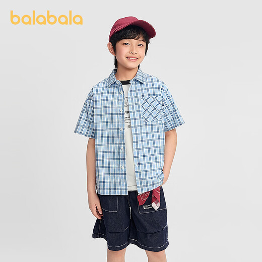 BALABALA balaOne Balabala boys short-sleeved shirt children's big children's shirt 2026 new summer dress pure cotton blue tone 00488 110