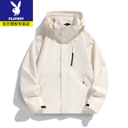Playboy Spring and Autumn New Niche Hooded Jacket Men and Women Same Style Outdoor Mountaineering Clothes Windproof and Coldproof Versatile Short Jacket Spring and Autumn Style Milky White M 100-120Jin Jin is equal to 0.5 kg