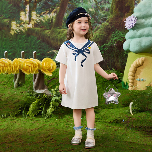 ASK JUNIOR girls' skirt summer children's short-sleeved round neck T-shirt skirt girls' travel vacation dress ice leather jacket white