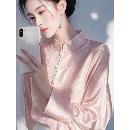 Woodpecker new Chinese style long-sleeved shirt for women 2026 early spring new high-end light luxury age-reducing western style white jacquard shirt pink S recommended 95Jin Jin is equal to 0.5kg within