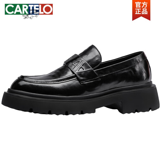 CARTELO new casual leather shoes for men, genuine leather, Korean version, trendy business thick sole, lightweight rubber foam sole, slip-on loafers, black 3H306 40