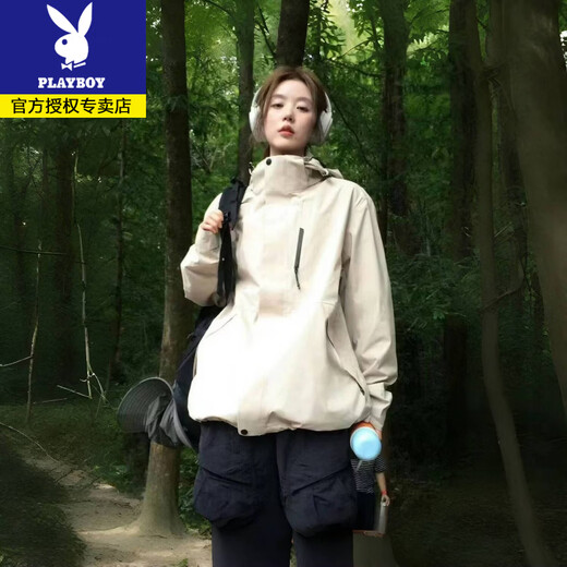 Playboy Spring and Autumn New Niche Hooded Jacket Men and Women Same Style Outdoor Mountaineering Clothes Windproof and Coldproof Versatile Short Jacket Spring and Autumn Style Milky White M 100-120Jin Jin is equal to 0.5 kg