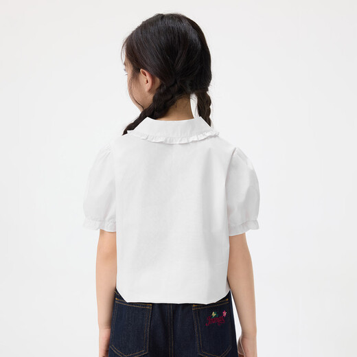 Xiaoyinman children's clothing girls' puff sleeve pure cotton shirt with love embroidery 26 spring fashion lapel top for big children, white 120