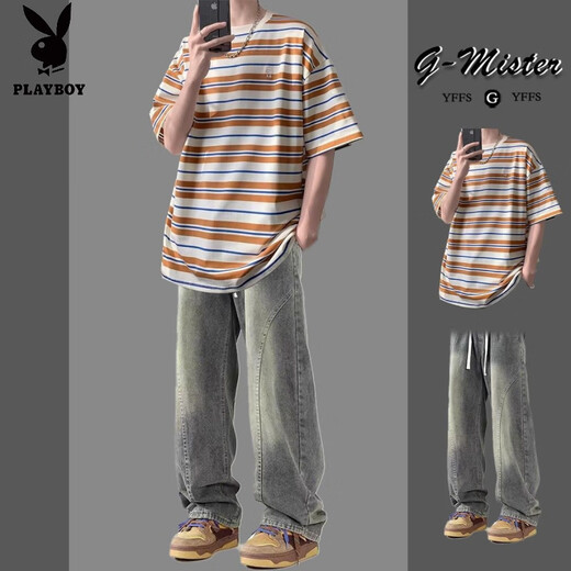 Playboy (PLAYBOY) striped short-sleeved t-shirt summer men's suit handsome with design high street jeans student thin set two-piece set A57 blue + yellow mud jeans M recommended 85-105Jin Jin equals 0.5 kg