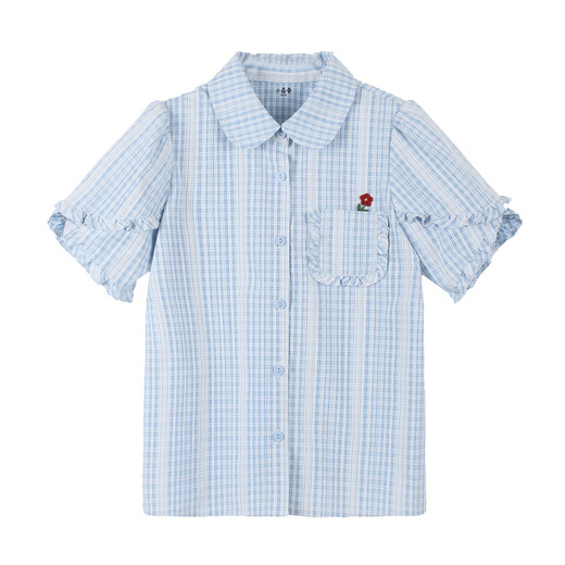 Xiaoyinman children's clothing girls plaid shirt breathable lace cuffs 26 summer middle and large children's lapel casual top