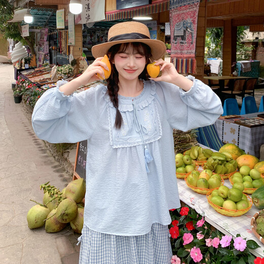 Forest Girl Tribal Sweet Style Embroidered Shirt Women's New Tassel Lace Design Forest Style Versatile Loose Top Summer Blue Top S Model Code