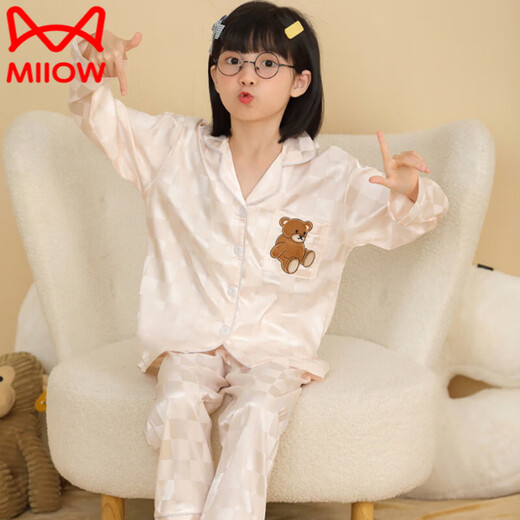 MiiOW children's pajamas for girls in spring and autumn long-sleeved ice silk home clothes for middle-aged and older children and girls summer thin silk air-conditioning clothes Mary Cat (double length) #QN-3047 165 S size suitable for height 140-150CM