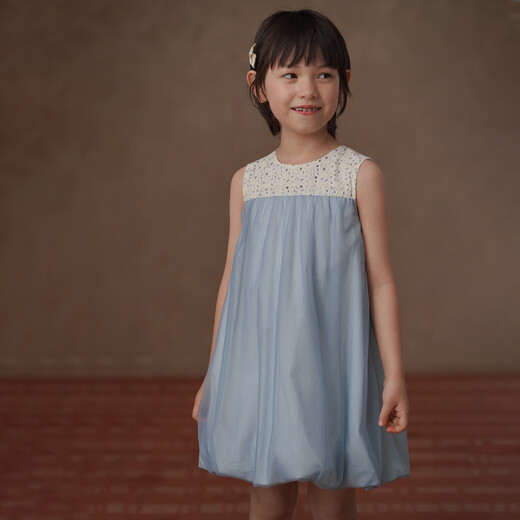 Haqi Children's Clothing 2026 Summer Children's Tank Top Floral Splicing Gauze Skirt Girls Dress Baby Flower Bud Skirt Cute Blue 110