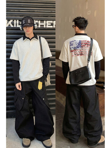 PLTH* American retro fake two-piece double-collar Polo shirt for men, loose digital direct-injection printing design, long sleeves, gray M