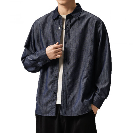 Bmuvlss high-end brand men's high-end American retro denim solid color denim shirt men's 2026 spring and summer new contrast color denim blue L suitable for 130-150Jin Jin equals 0.5 kg