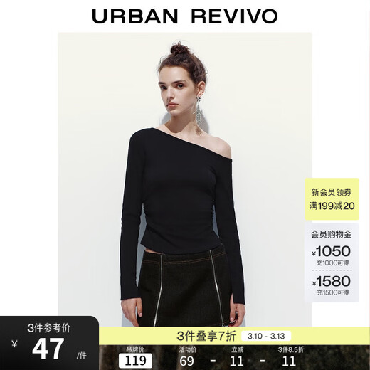 UR2025 new autumn women's urban vacation slanted shoulder collar pleated slim short T-shirt UYY450293 black S