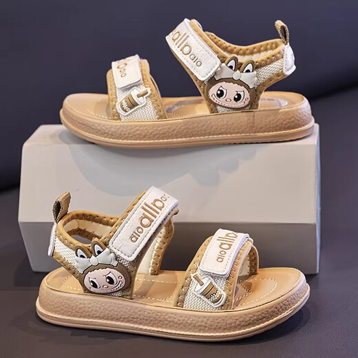 LINGLI Girls Sandals Summer 2026 New Children's Shoes Princess Sandals Fashionable Soft Soled Little Girls Roman Beach Shoes Khaki 26