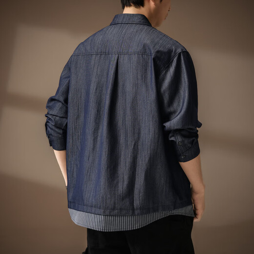 Bmuvlss high-end brand men's high-end American retro denim solid color denim shirt men's 2026 spring and summer new contrast color denim blue L suitable for 130-150Jin Jin equals 0.5 kg