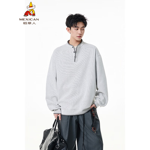 Scarecrow hand-stitched Henry collar sweatshirt for men 2026 spring new trendy brand couple loose pullover top, apricot color HW3801 M
