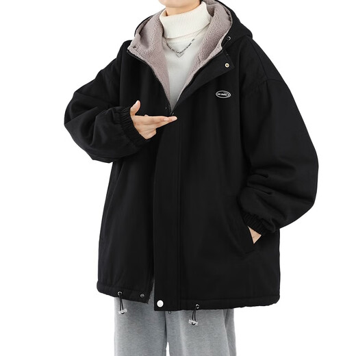 RFKU sherpa jacket men's casual loose plus velvet thick cotton clothing trendy brand autumn and winter warm and handsome loose hooded jacket black XL (recommended 140-165 Jin Jin equals 0.5 kg)