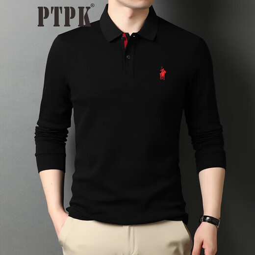 PTPK trendy brand embroidered Paul cotton long-sleeved polo shirt for men spring and autumn new business casual men's lapel T-shirt gray L 50 recommended 130-150Jin Jin equals 0.5 kg