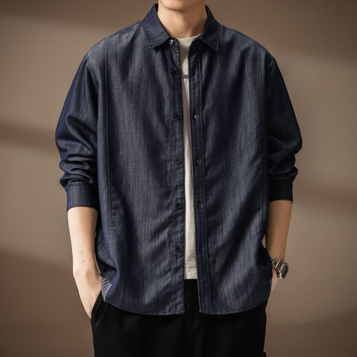 Bmuvlss high-end brand men's high-end American retro denim solid color denim shirt men's 2026 spring and summer new contrast color denim blue L suitable for 130-150Jin Jin equals 0.5 kg