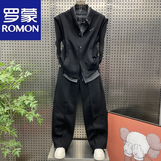 ROMON Spring and Autumn Holiday Two-piece Striped Casual Sports Suit Trendy Men's Fashionable and Versatile Two-piece Suit for Handsome Youth Sweatshirts and Trousers Black 3XL 180-200Jin Jin is equal to 0.5 kg